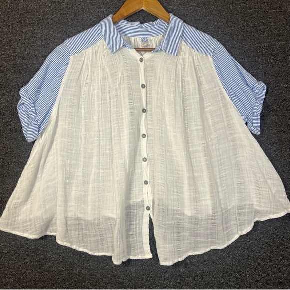 Free People White and Blue Loose Button-Up Blouse 100% Cotton, Women’s Large - Picture 1 of 9